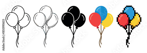Collection of five balloon bunch icons showing different graphic design styles including line art, sketch, silhouette, flat design, and colorful pixel art for celebration themes