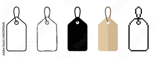 Set of five blank retail price tags with strings, showcasing different graphic styles from outline and hand-drawn sketch to solid silhouette, flat color, and 8-bit pixel art