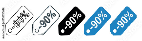 Set of five minus ninety percent discount tags presented in various artistic styles including outline, hand-drawn sketch, solid silhouette, and pixel art for retail promotions