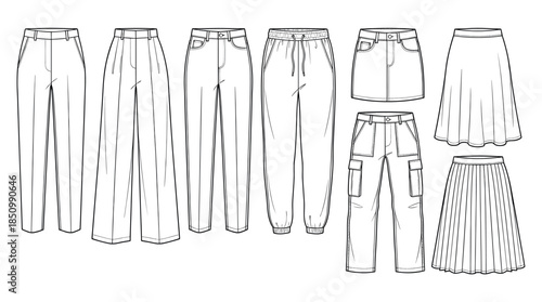 Set of women's clothing technical fashion sketches showing various styles of trousers, pants, skirts, joggers, and cargo pants in a clean black and white line art illustration style