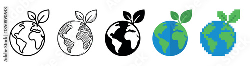 Set of five green planet Earth icons with a growing sprout, showing various design styles like line art, doodle, flat vector, silhouette, and pixel art for ecology concepts