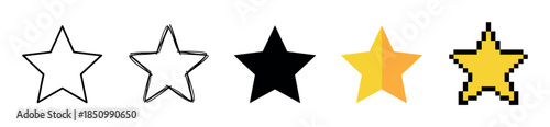Set of five star rating icons presented in a variety of graphic styles, including a clean outline, a messy sketch, a solid black shape, a yellow flat design, and a retro pixel art version