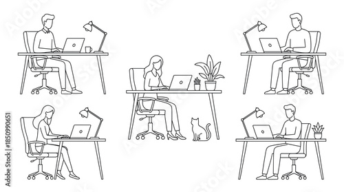 Collection of minimalist outline drawings depicting men and women working on laptops at desks, illustrating modern office life and remote freelancing