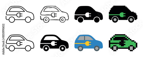 Collection of electric car vector icons in various graphic styles including line art, sketch, silhouette, flat design, and pixel art for sustainable transport concepts