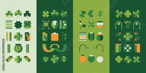 Organized grid patterns showcasing numerous bright green shamrocks alongside other traditional Irish celebration elements