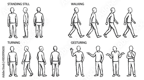 Hand-drawn character animation sheet showing a man standing still, walking, turning, and gesturing in a simple black and white line art sketch style for a storyboard