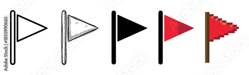 Collection of five triangular flag icons presented in a row, showcasing different graphic design styles including line art, sketch, silhouette, flat design, and pixel art
