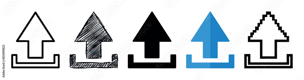 Fototapeta premium Set of five upload arrow icons in different artistic styles including line art, hand drawn scribble, solid silhouette, flat blue, and pixelated design for user interface