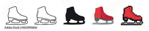 Set of five ice skate icons presented in a row, showcasing various artistic styles from simple outline and silhouette to colorful flat vector and retro pixel art