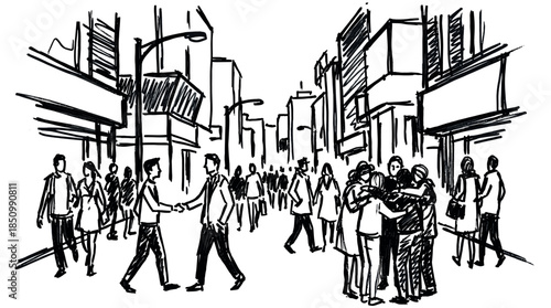 Hand-drawn black ink sketch of a bustling city street filled with a crowd of people walking, shaking hands, and hugging in a dynamic, expressive artistic style