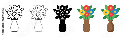 Set of flower bouquet icons in a vase showing different artistic styles including line art, sketch, silhouette, flat design, and pixel art for graphic design projects