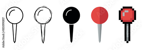 Collection of five map pin icons in various design styles including line art, sketch, silhouette, flat design, and retro pixel art for marking a specific location or destination