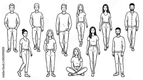 Diverse set of hand-drawn young people illustrations in casual modern clothing, showing men and women standing, walking, and sitting in a clean black and white sketch style