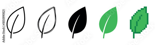 Set of five green and black leaf icons showing different artistic styles, from a simple outline and solid silhouette to a flat design and retro pixel art graphic
