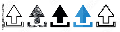 Set of five upload arrow icons in different artistic styles including line art, hand drawn scribble, solid silhouette, flat blue, and pixelated design for user interface