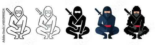Set of five ninja character icons in different design styles including line art, sketch, silhouette, flat color, and pixel art, showing a warrior in a crouching pose with a sword
