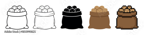 Sack of potatoes vector icon collection showing multiple design styles like simple outline, black glyph, flat color illustration, and retro pixel art graphic