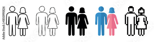 Set of male and female icons representing a couple, shown in a variety of graphic styles such as line art, silhouette, flat design, and pixelated 8-bit art