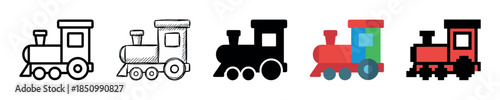 Collection of five toy locomotive icons displayed in a variety of graphic styles, from simple outline and sketch to silhouette, colorful flat vector, and 8-bit pixel art