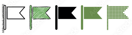 Collection of five swallow-tailed flag icons presented in a variety of artistic styles, including outline, hand-drawn scribble, solid silhouette, flat color, and pixelated design