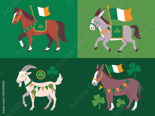 Smiling brown fox wears a festive green sash and holds a shamrock labeled bottle of beer