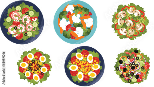 Collection of healthy fresh salad plates featuring shrimp vegetables mushrooms boiled eggs tomatoes and olives isolated on white background for food menu design.