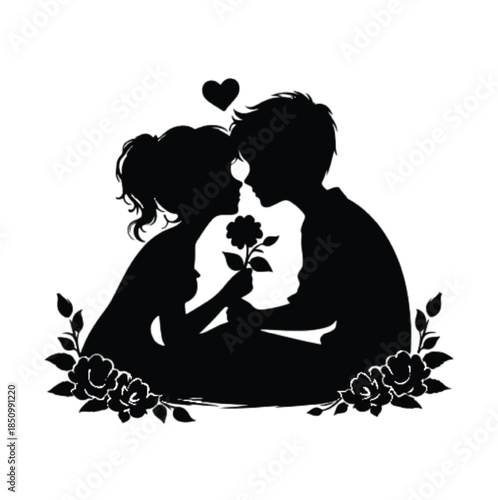 Romantic Silhouette with Flower and Heart