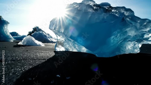 Iceberg Melting on Black Sand Beach at Jokulsarlon Glacier Lagoon, Iceland