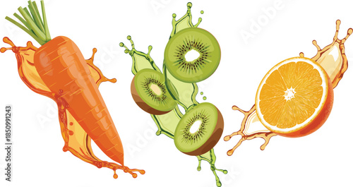 Fresh healthy juice splash collection featuring realistic carrot kiwi and orange fruit with liquid droplets isolated on white background for drink design.