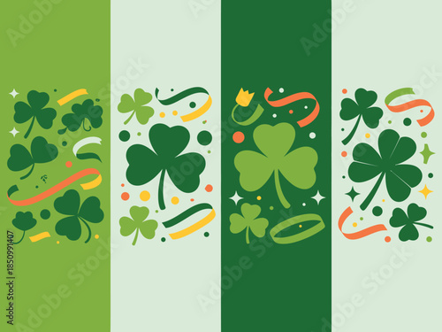 Vibrant St Patricks Day banners with shamrocks confetti and colorful streaming ribbons