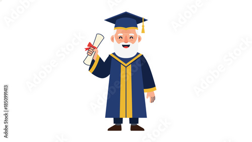 Elderly Man In Graduation Gown Holding Diploma Scroll.