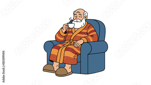 Elderly man in robe enjoying a cup of coffee at home.
