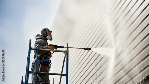 Professional Male Worker Using Pressure Washer to Clean Exterior Siding of Building