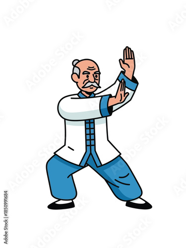 Elderly Man Practicing Traditional Chinese Martial Arts.