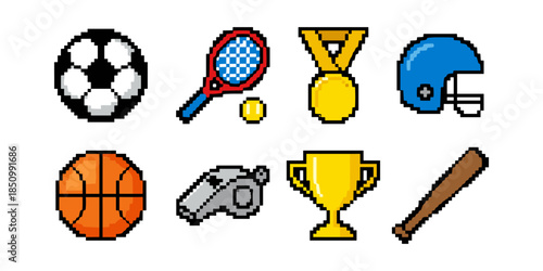 Pixel art sports equipment and winning awards set