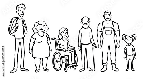 Diverse group of hand-drawn people standing together in a simple line art style, representing community, inclusion, and different life stages from childhood to old age