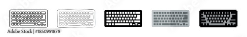 Set of five computer keyboard icons showing different graphic design styles including line art, hand drawn sketch, silhouette, flat design, and pixel art for digital interfaces