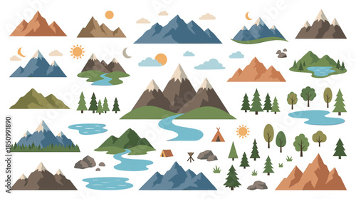 Large collection of flat design mountain and forest elements for creating outdoor adventure scenes, including trees, rivers, lakes, tents, sun, and moon illustrations