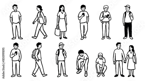 Collection of hand-drawn people illustrations in a simple black and white line art style showing characters walking, standing, using phones, and tying their shoes
