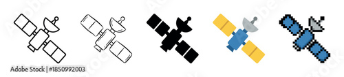 Set of satellite icons in various styles including line art, hand drawn doodle, solid silhouette, flat color, and pixel art designs for graphic elements