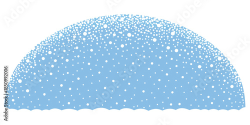 Abstract blue semi-circular graphic filled with a multitude of white specks, forming a delicate and refreshing texture reminiscent of mist or light rain droplets, ideal for clean backgrounds