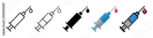 Set of medical syringe icons in different graphic styles including line art, sketch, silhouette, flat design, and pixel art, showing a drop of blood or medicine