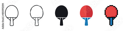 Collection of five table tennis racket icons showing a progression of styles from simple line art and sketch to a solid silhouette, flat color, and retro pixel art
