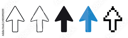 Collection of five different arrow icons pointing up, showcasing diverse styles like simple line art, hand-drawn doodle, solid silhouette, and retro pixelated design