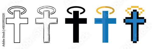 Set of five religious cross icons with halos displays different artistic styles including outline, sketch, silhouette, flat design, and pixel art for graphic design concepts