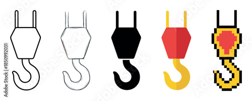 Industrial crane hook icon collection showing five design variations including outline, hand-drawn sketch, solid silhouette, flat color, and 8-bit pixel art graphics