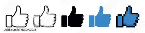 Collection of thumbs up hand icons in various design styles including outline, sketch, silhouette, flat color, and pixel art, representing approval and social media engagement