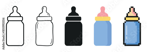 Set of baby bottle icons in various graphic styles including thin outline, hand-drawn doodle, solid silhouette, flat color illustration, and pixel art for childcare concepts