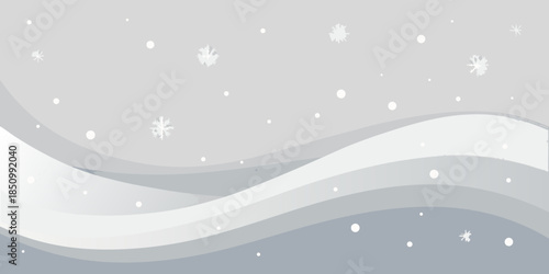 Abstract Winter Background with Gentle Snowflakes and Wavy Lines in Shades of Gray