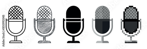 Set of vintage microphone illustrations showing five different graphic styles from simple outline and silhouette to hand-drawn sketch, flat design, and 8-bit pixel art